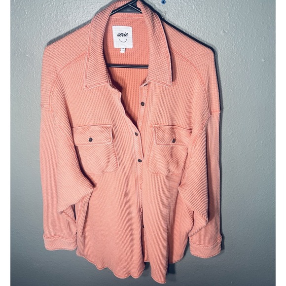 Aerie Waffle Knit Oversized Button Down Pockets Size LG Coral Pink Hue Warm Up - Picture 4 of 8